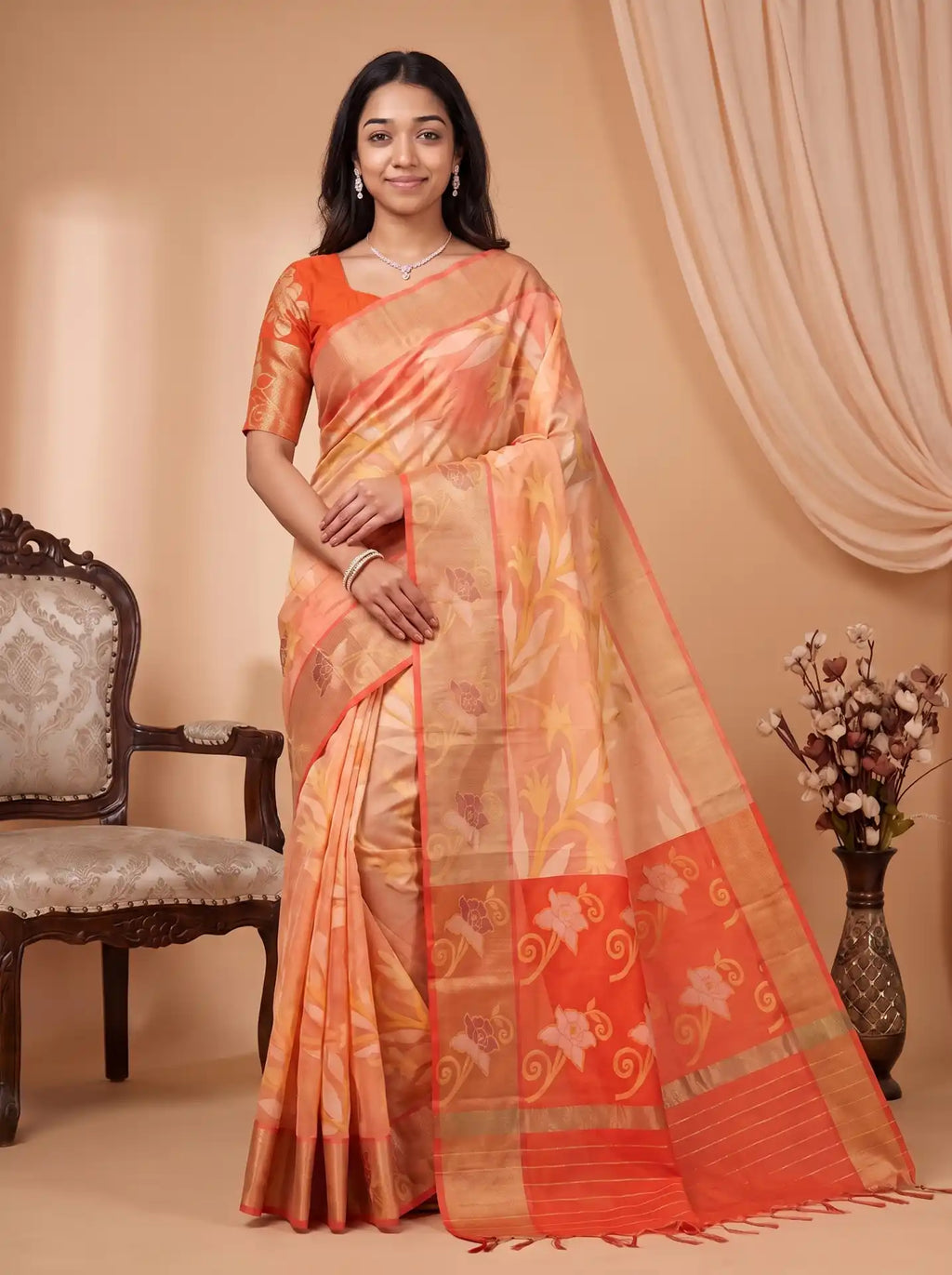 Peach Orange Chanderi Cotton Floral Saree with Contrast Orange Blouse