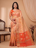Peach Orange Chanderi Cotton Floral Saree with Contrast Orange Blouse