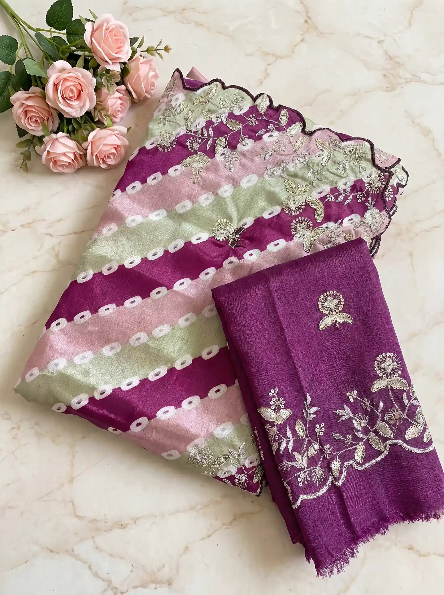 Magenta Sage Green Sequin Work Saree with Matching Embroidered Blouse