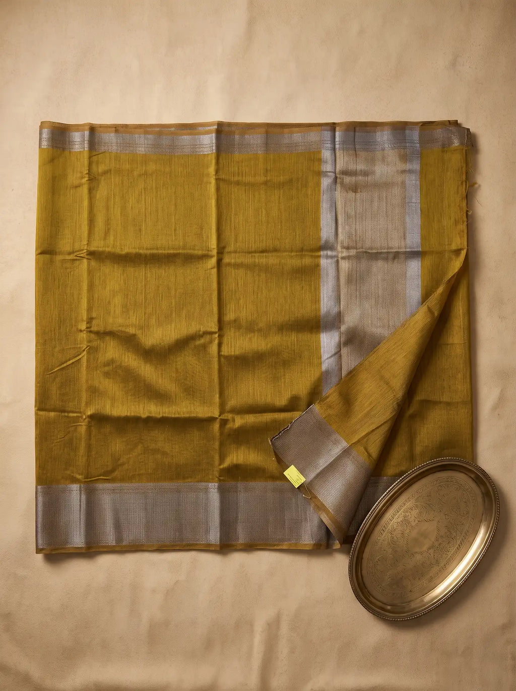 Mustard Gold Silver Grey Banarasi Jute Silk Saree with Matching Mustard Gold Silver Blouse