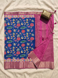Royal Blue Pink Dola Silk Patola Print Saree with Contrast Pink Striped Blouse
