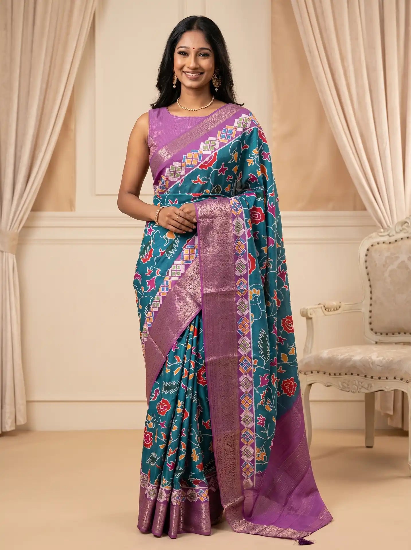 Teal Blue Purple Dola Silk Patola Print Saree with Contrast Purple Striped Blouse
