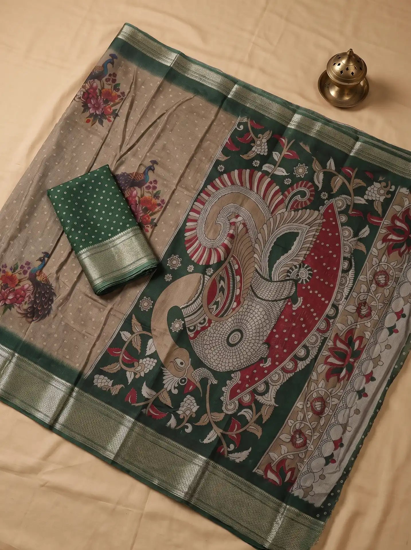 Mushroom Brown Dola Silk Kalamkari Print Saree with Contrast Green Butta Blouse