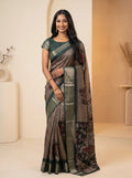 Mushroom Brown Dola Silk Kalamkari Print Saree with Contrast Green Butta Blouse