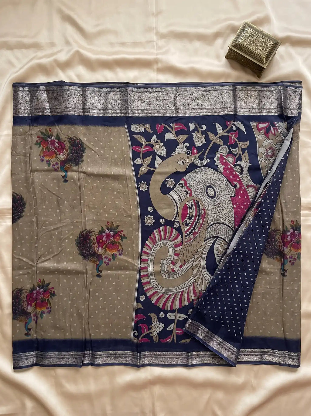 Stone Brown Dola Silk Kalamkari Print Saree with Contrast Navy Butta Blouse