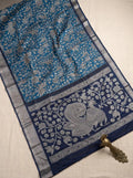 Steel Blue Dola Silk Kalamkari Print Saree with Contrast Navy Blouse