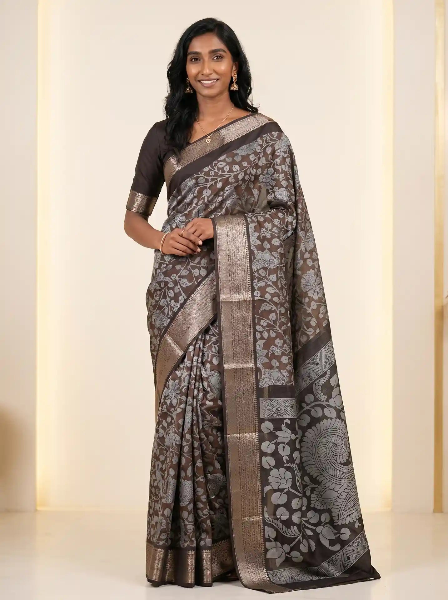 Coffee Brown Dola Silk Kalamkari Print Saree with Matching Dark Brown Blouse
