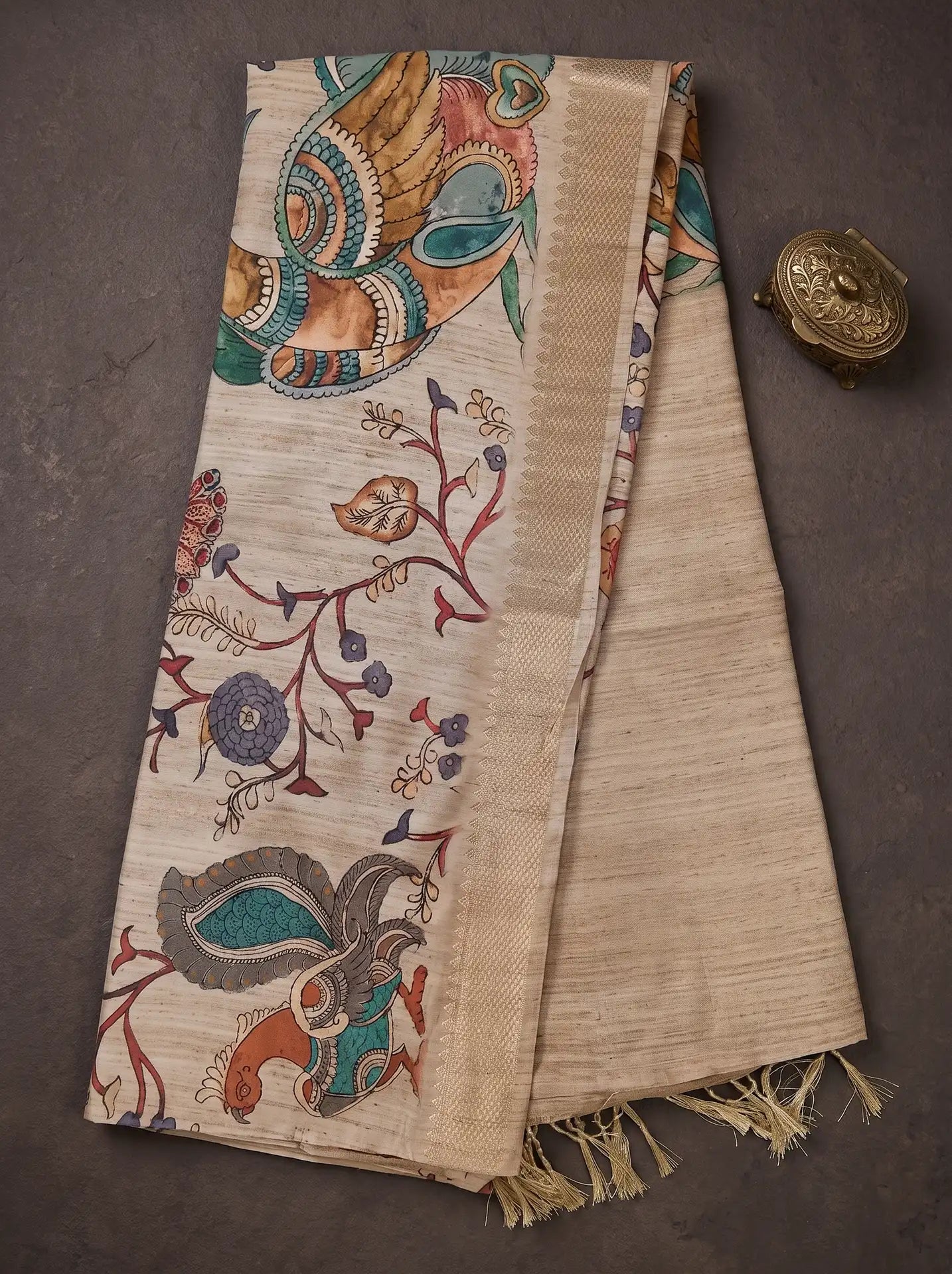 Beige Semi Tussar Silk Kalamkari Print Saree with Matching Beige Blouse