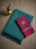 Teal Blue Georgette Stone Work Saree with Contrast Magenta Blouse