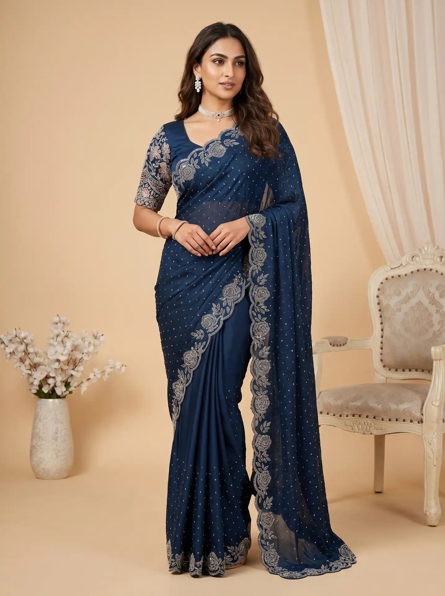 Navy Blue Stone Work Saree with Floral Embellished Scallop Border