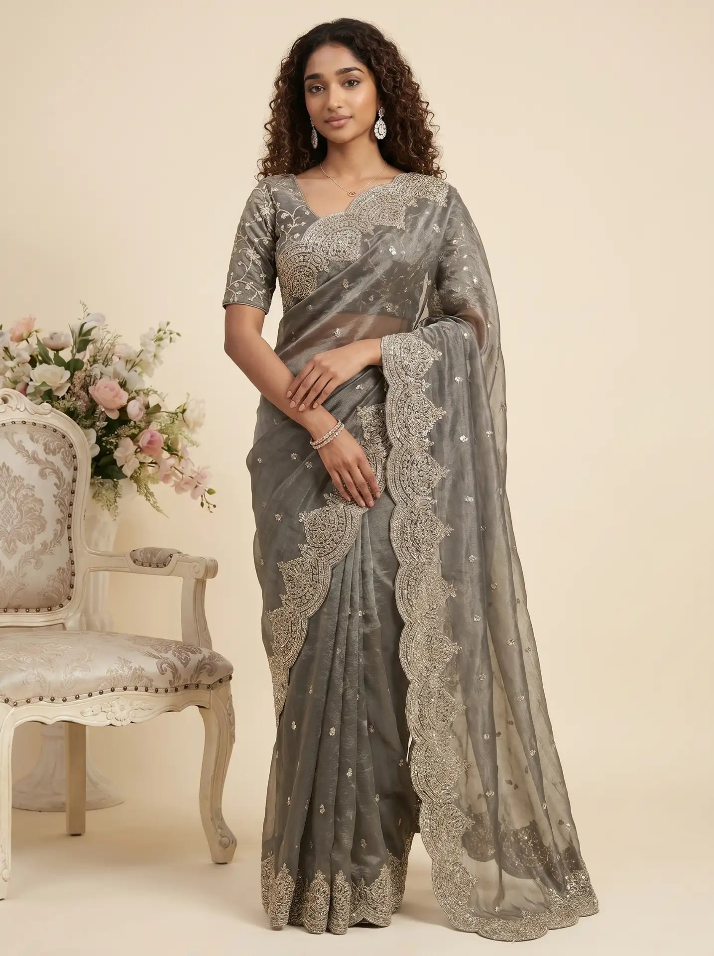 Slate Grey Sequin Work Saree with Matching Embroidered Blouse