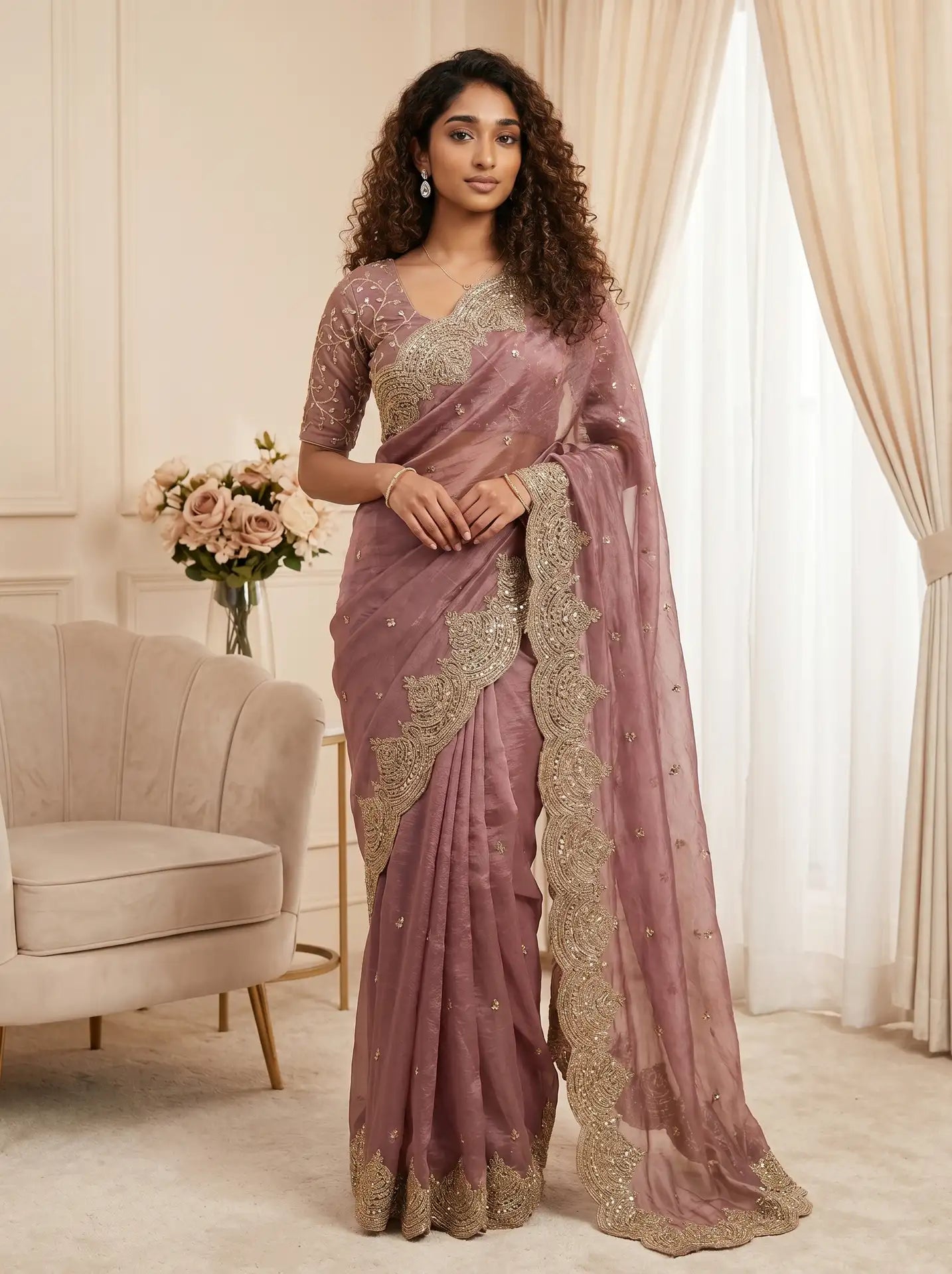 Dusty Mauve Sequin Work Saree with Matching Embroidered Blouse