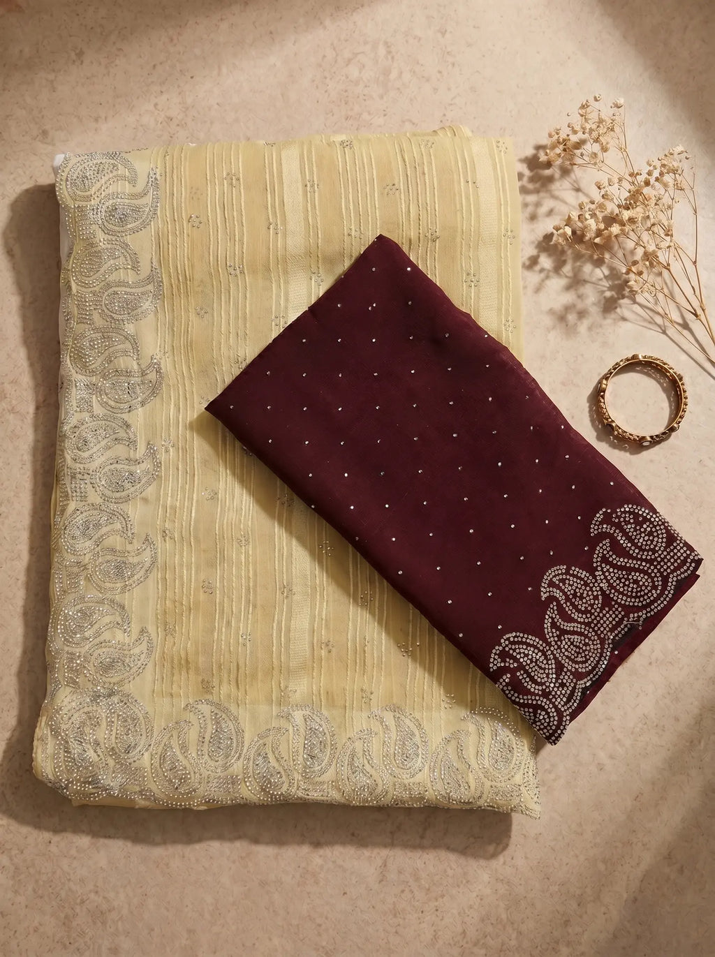 Light Gold Stone Work Paisley border Saree with Contrast Maroon Blouse