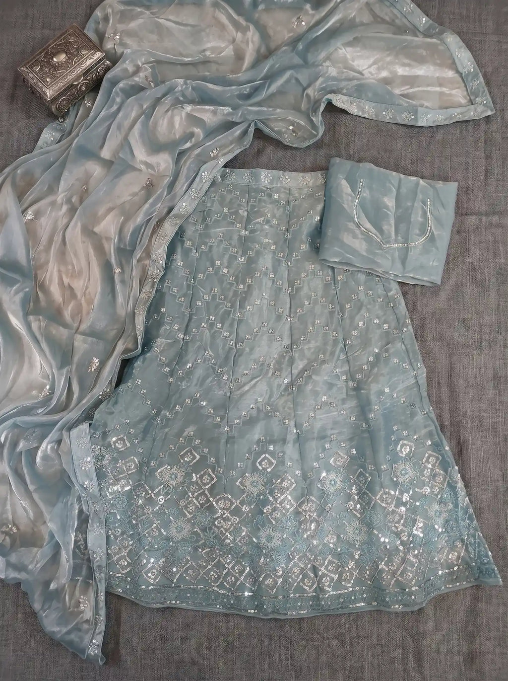 Ice Blue Semi-Stitched Floral Sequin Embroidered Lehenga Set