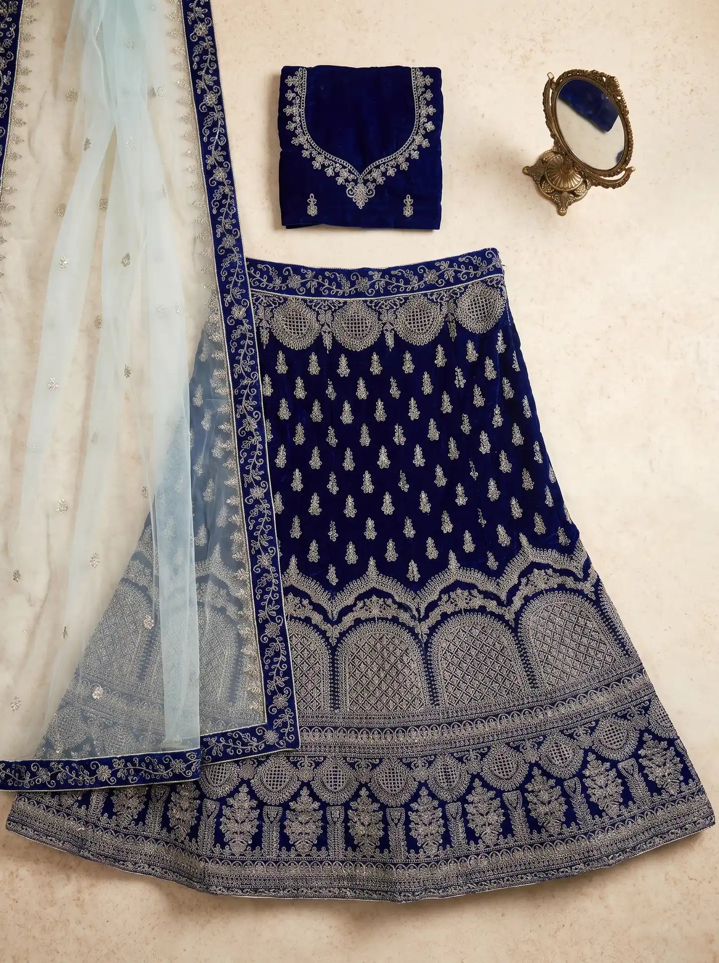 Bridal Royal Blue Semi-Stitched Velvet Heavy Embroidered Lehenga Set