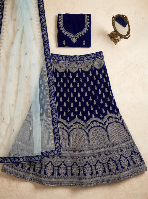 Bridal Royal Blue Semi-Stitched Velvet Heavy Embroidered Lehenga Set