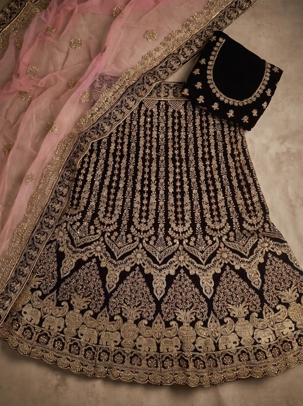 Bridal Deep Wine Velvet Heavy Gold Embroidered Semi-Stitched Lehenga Set