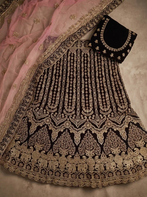 Bridal Deep Wine Velvet Heavy Gold Embroidered Semi-Stitched Lehenga Set