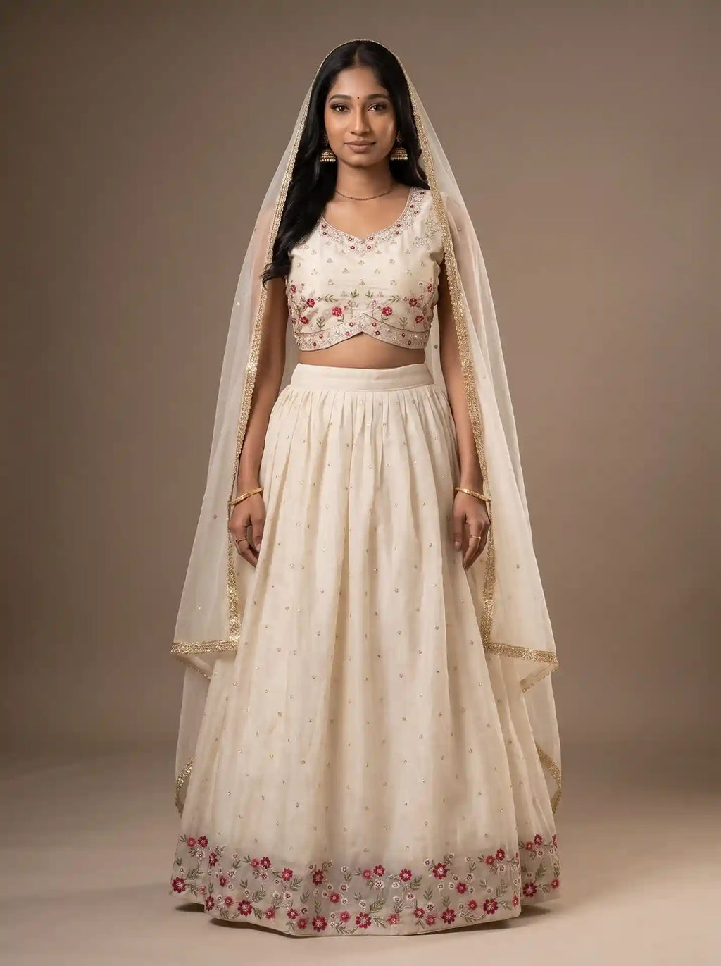 Ivory Ready to Wear Cotton Silk Floral Embroidered Lehenga Set