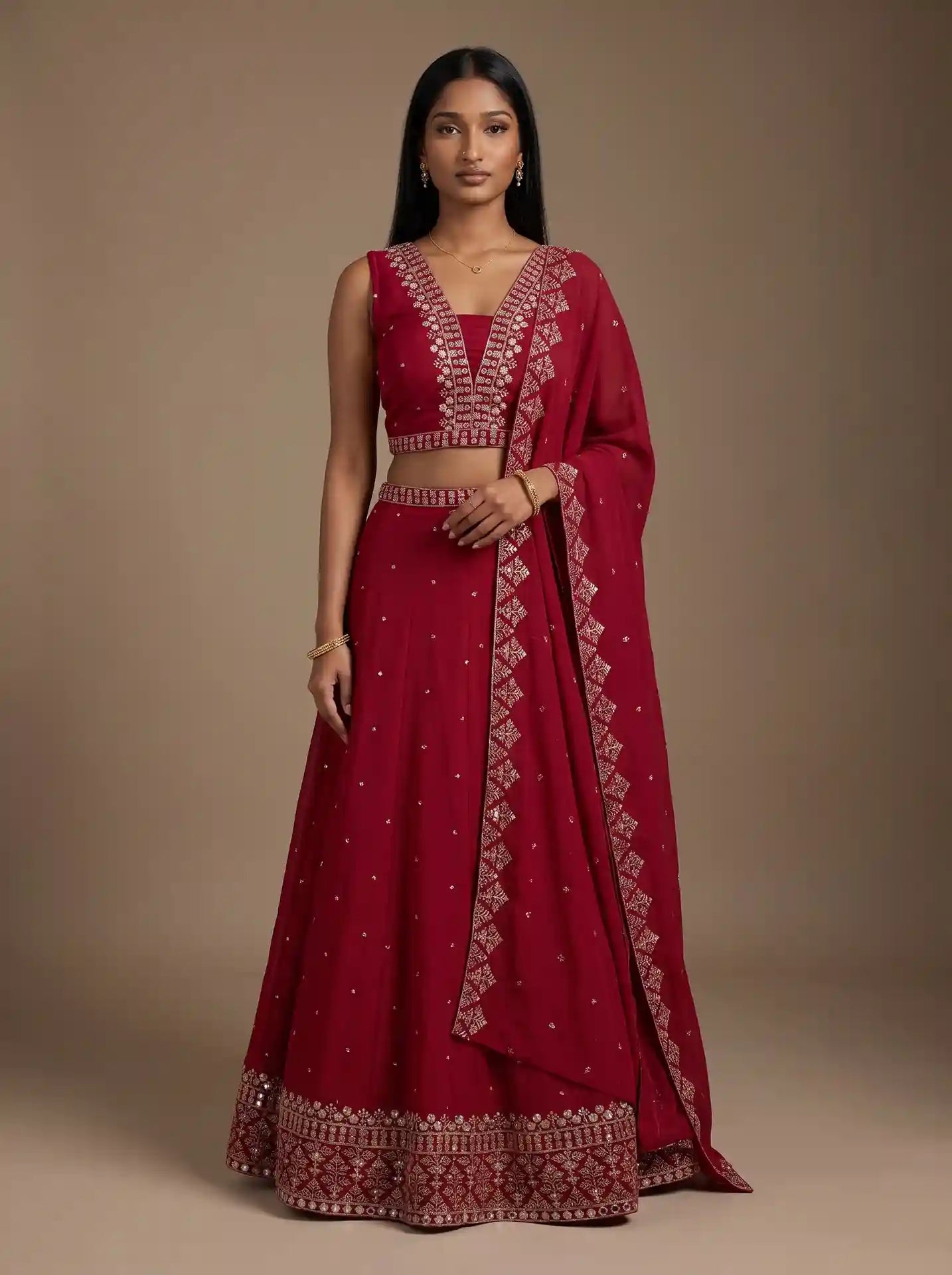 Crimson Red Ready to Wear Georgette Stone Embroidered Lehenga Set