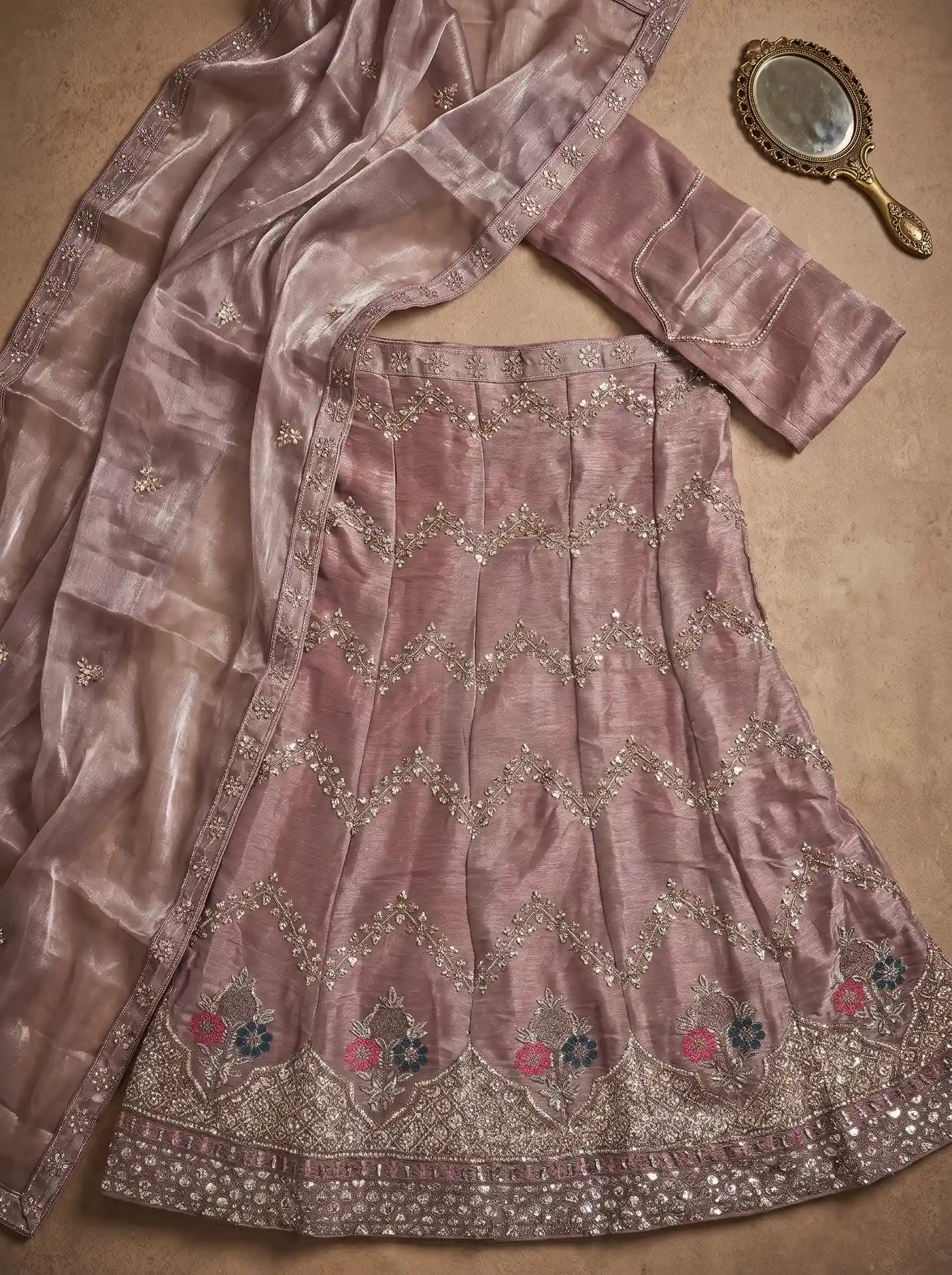 Dusty Mauve Semi-Stitched Embroidered Lehenga Set