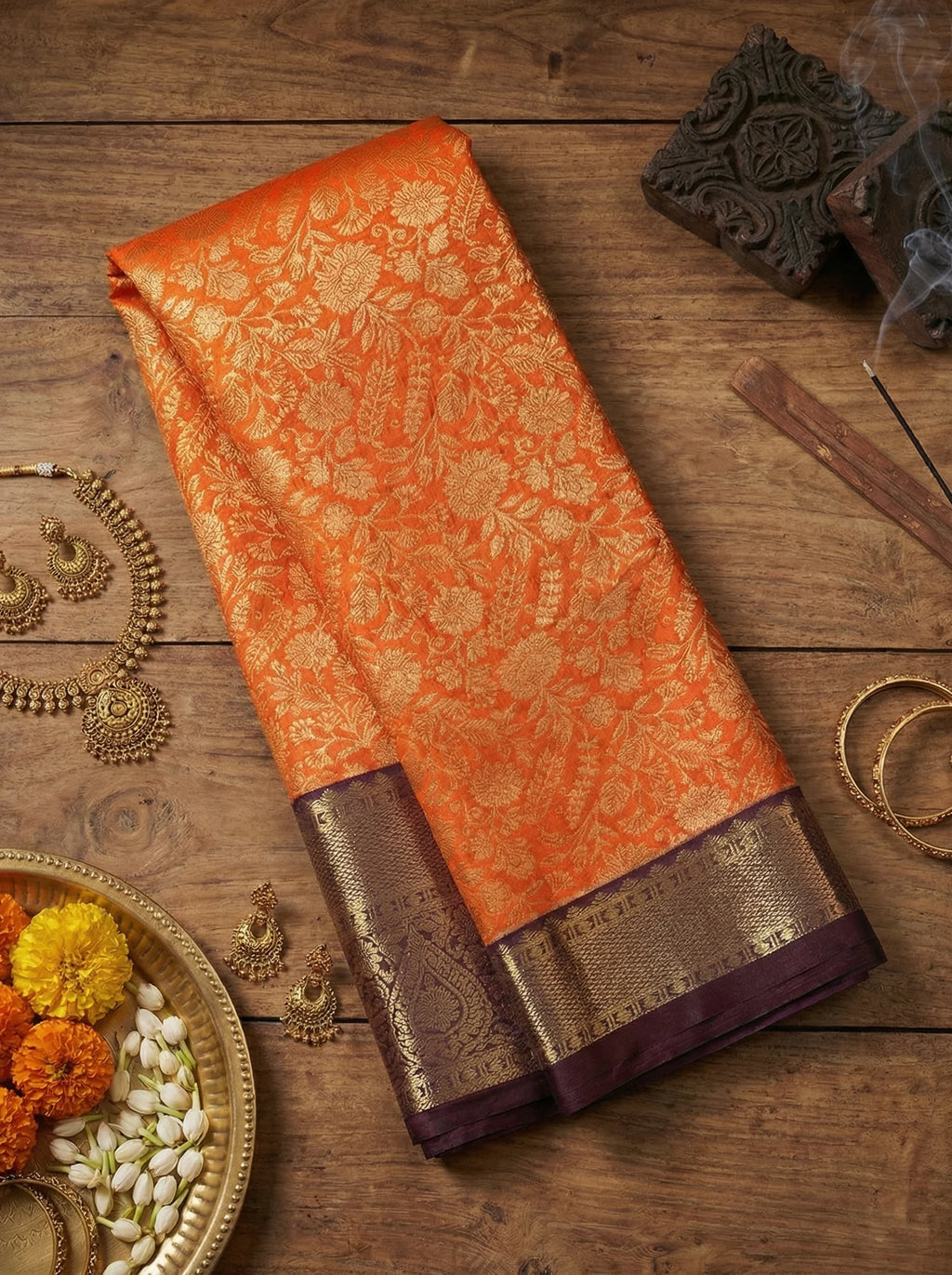 Vermilion Orange Floral Jaal Bridal Semi Silk Saree