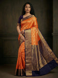 Vermilion Orange Floral Jaal Bridal Semi Silk Saree