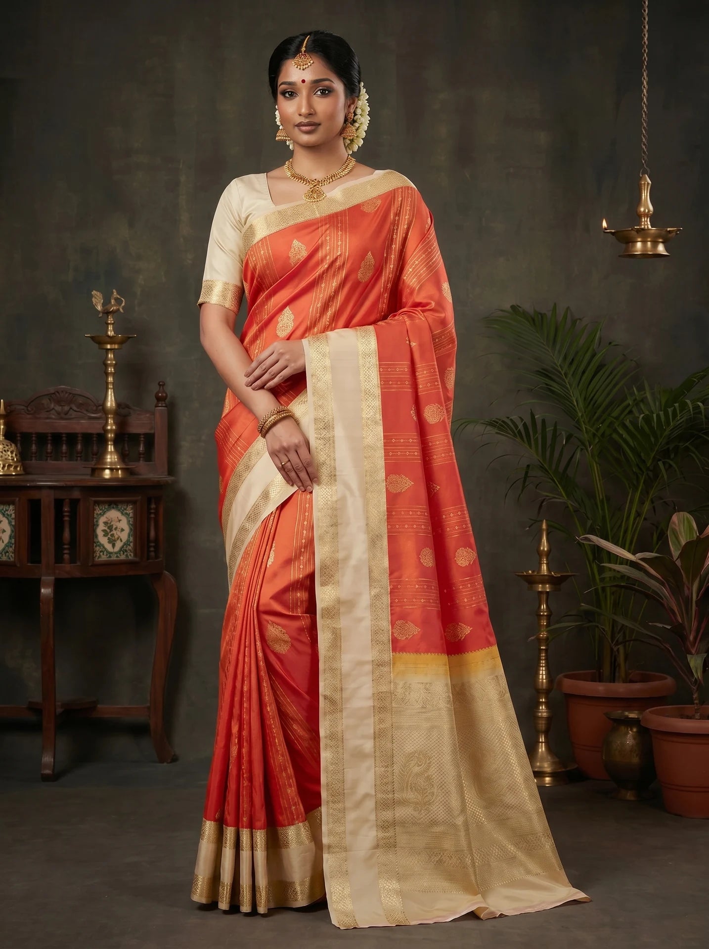 Coral Pink Paisley Butta Retta Pattai Kanchi Soft Silk Saree