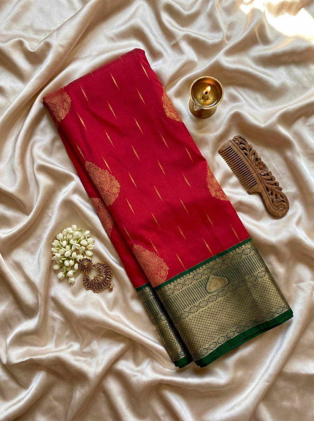 Fuchsia Pink & Bottle Green Paisley Butta Kanchi Soft Silk Saree
