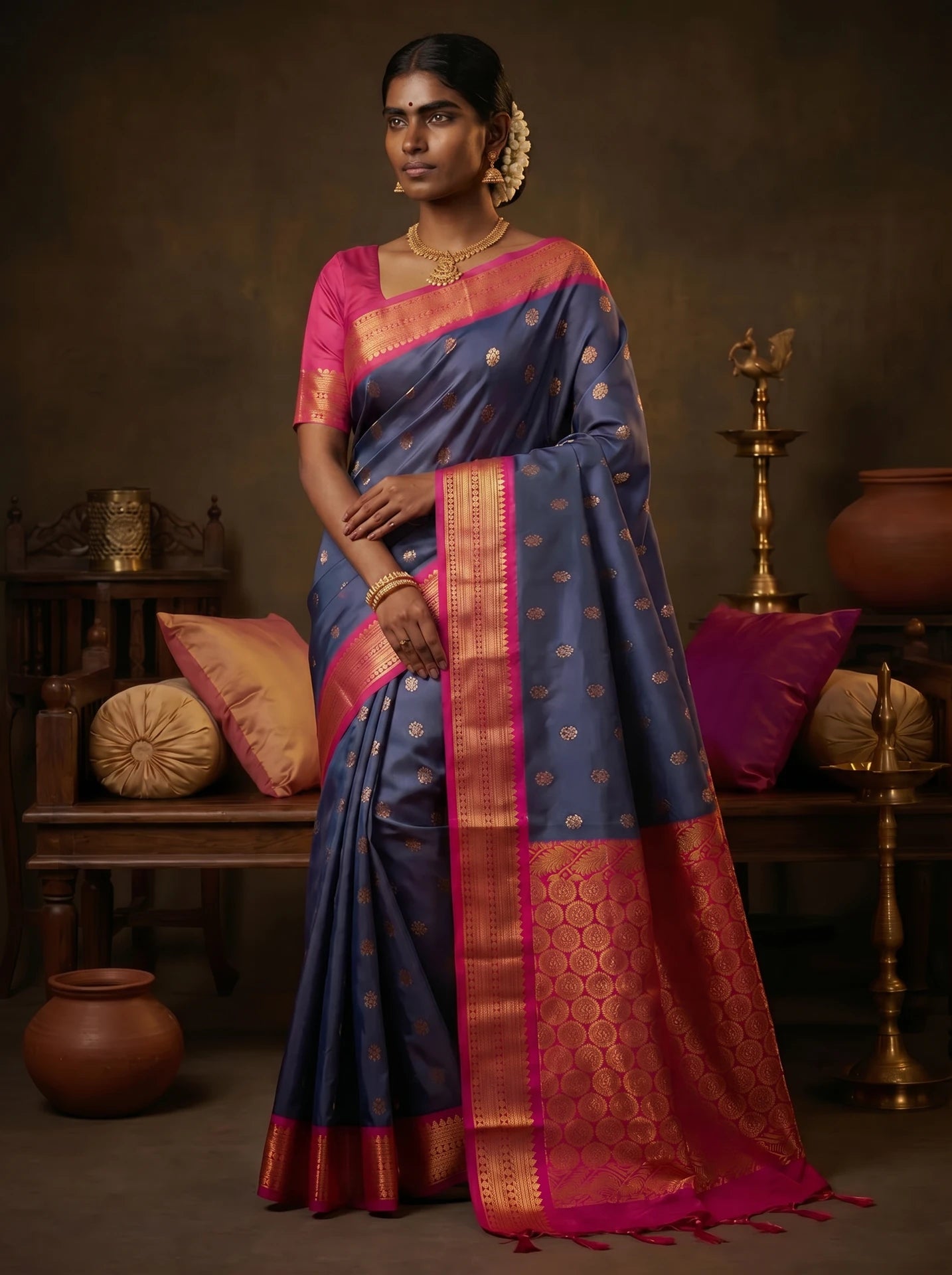 Purple Pink Floral Butta Kanchi Soft Silk Saree