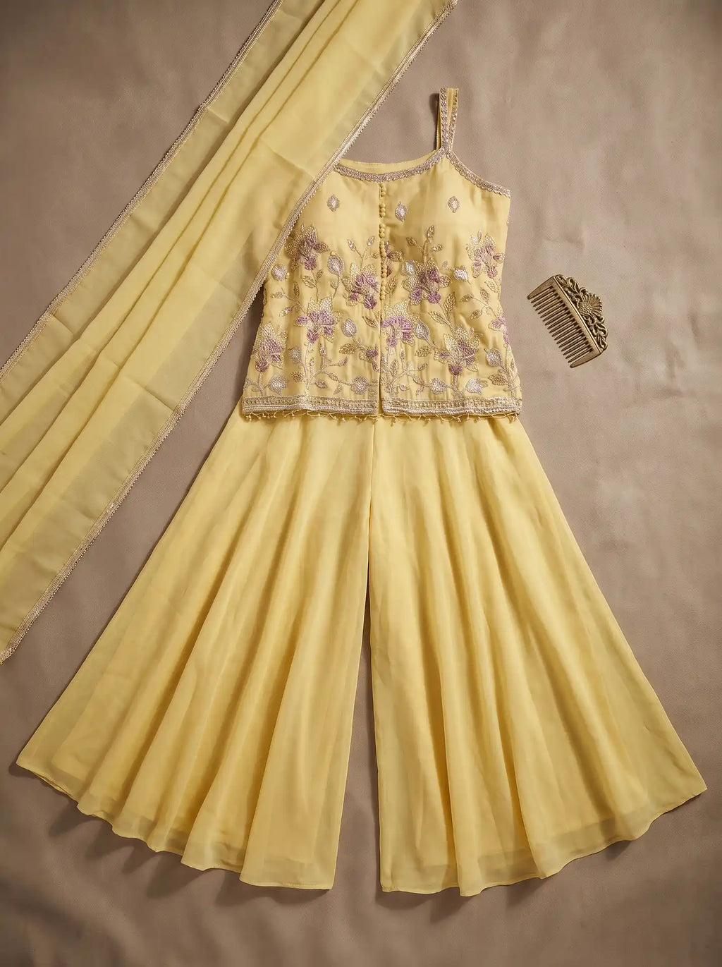Pastel Yellow Ready to Wear Silk Cotton Embroidered 3 Piece Sharara Set