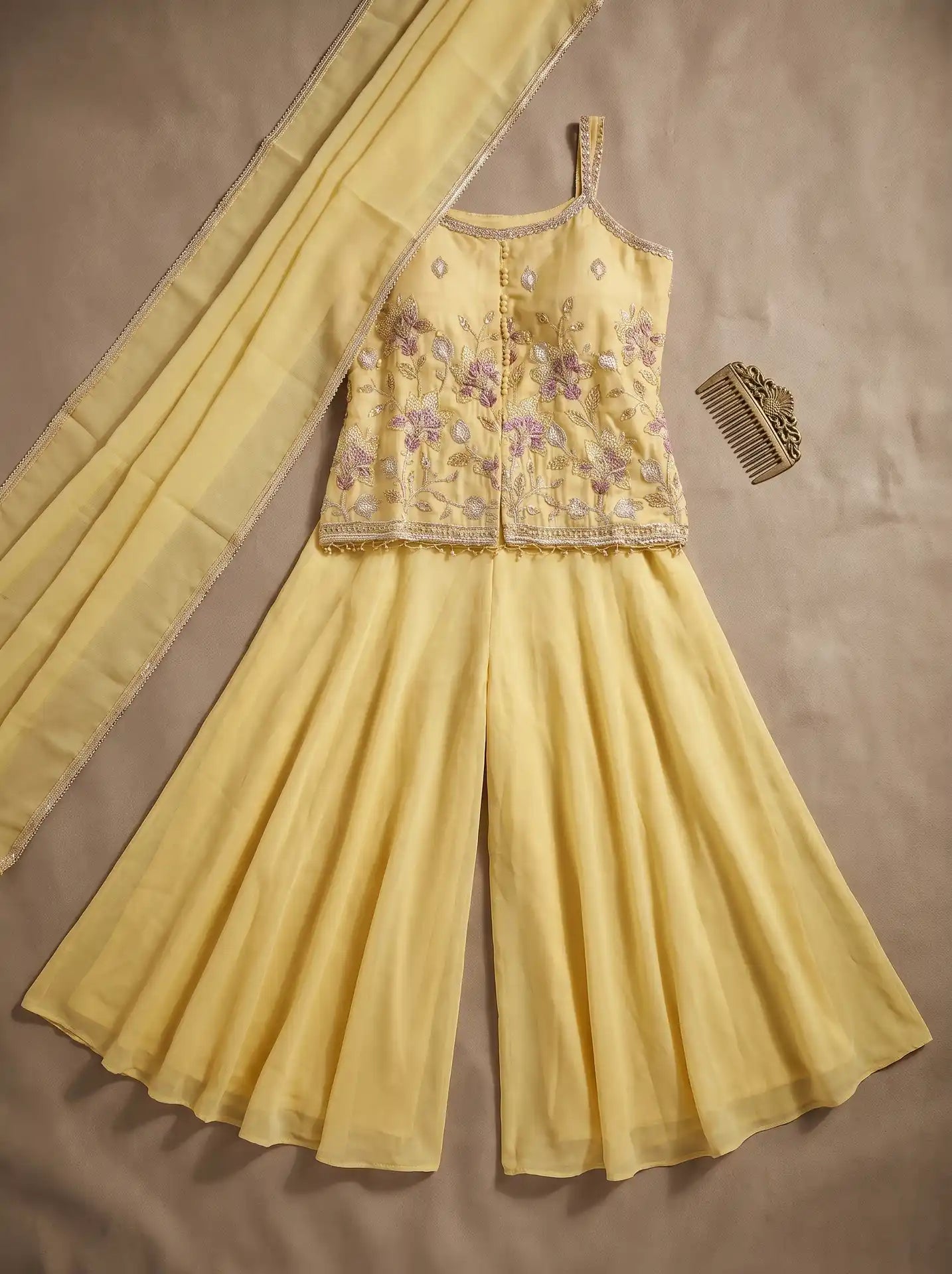 Pastel Yellow Ready to Wear Silk Cotton Embroidered 3 Piece Sharara Set