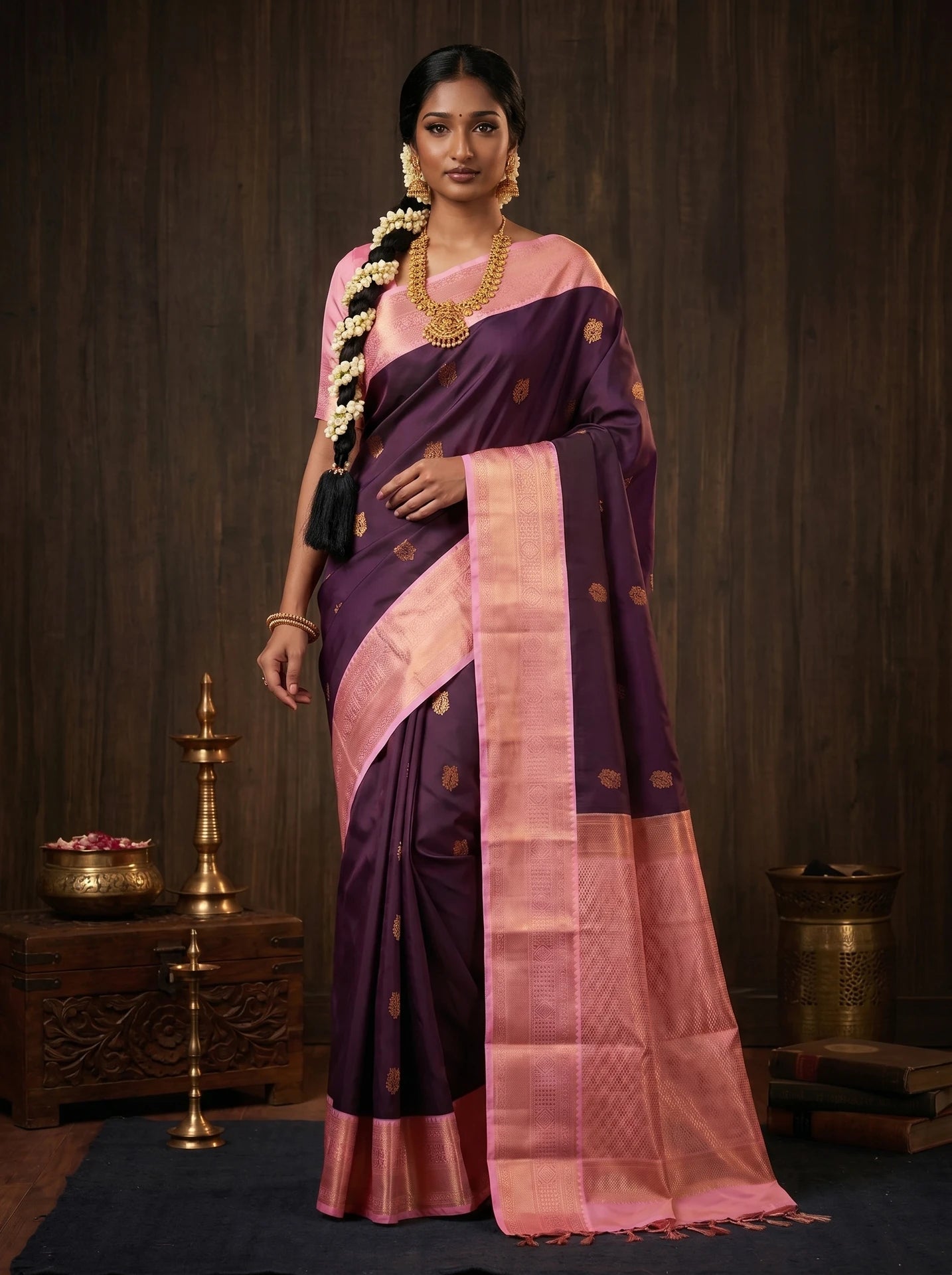 Plum Purple & Baby Pink Kanchi Soft Silk Saree